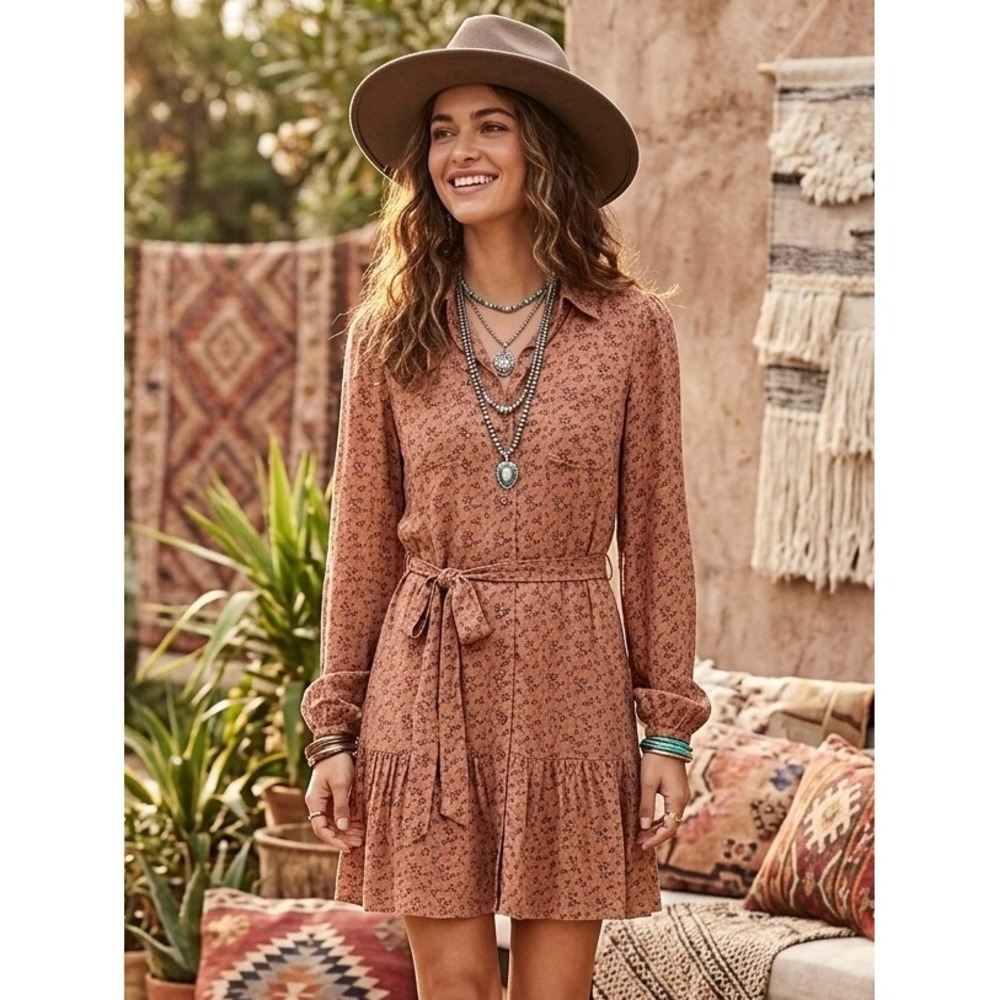Lucky‎ Brand Women Brown Floral Long Sleeve Button Front Mini Shirt Dress Small